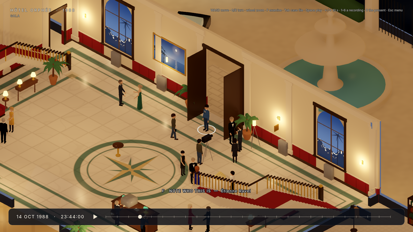 Gameplay view of the hotel’s grand hall during the 1988 gala