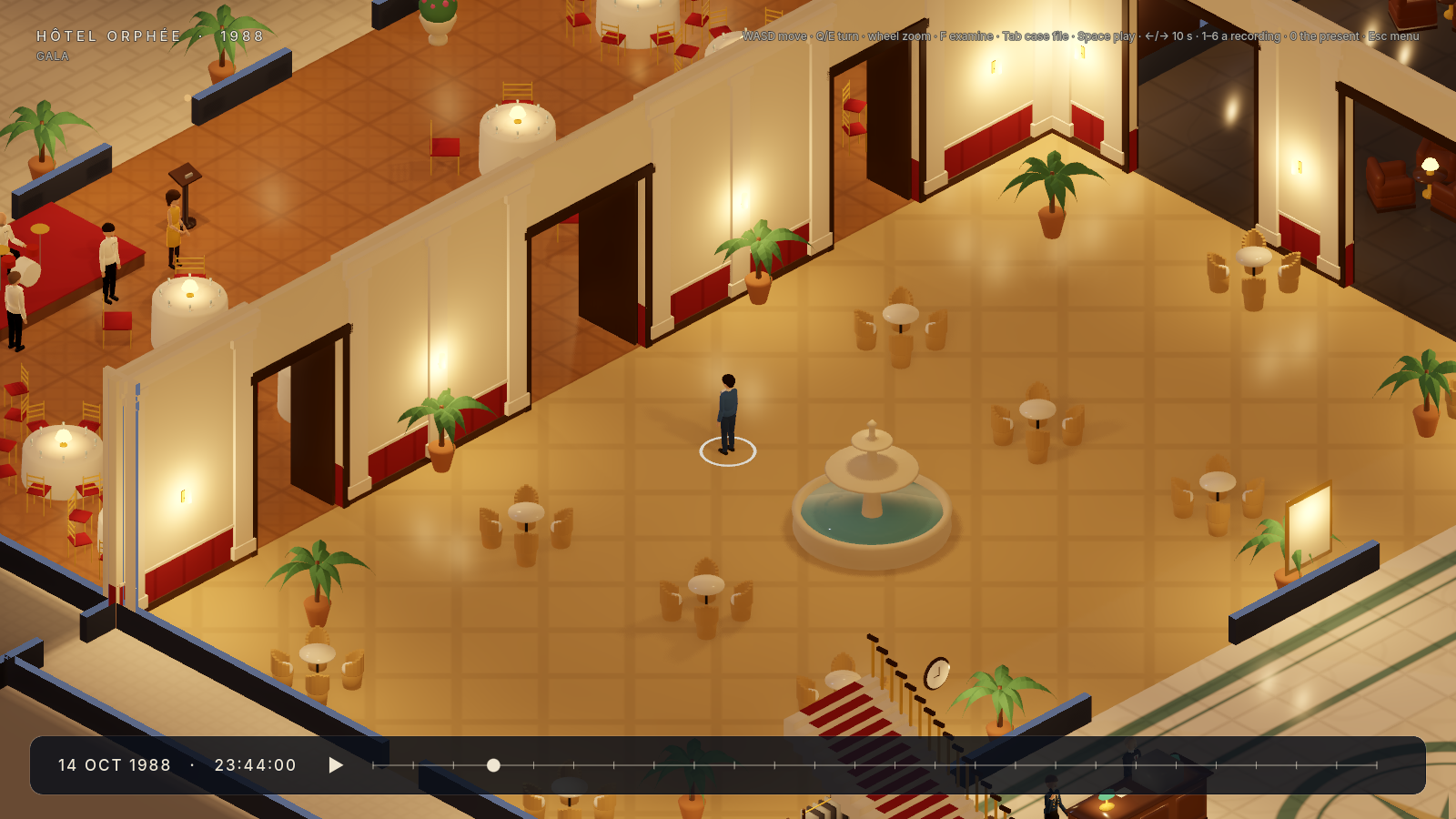Gameplay view of the hotel’s palm court